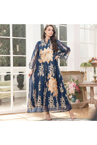FridayIn V-neck solid color embroidered and patterned Arabian long dress blue