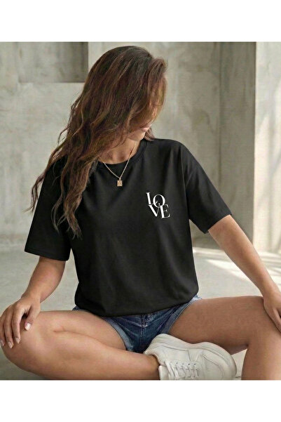 BUWOM تيشيرت نسائي من LOVE مطبوع برقبة دائرية