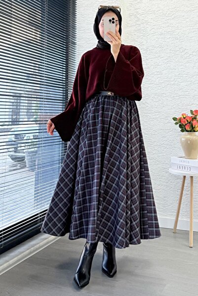 MELEK ARAZ Elastic Waist Midiboy Plaid Pattern Skirt - Claret Red