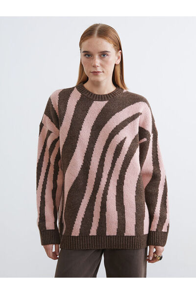 LC Waikiki Pink Crew Neck Patterned Women's Knitwear Tunic