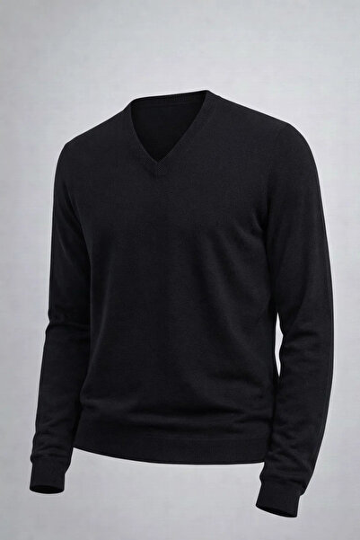 COMBİNE MİCHAİL Men's Casual V-Neck Black Knit Sweater