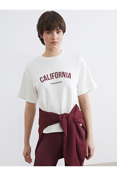 LC Waikiki Γυναικείο μπλουζάκι Ecru Crew Neck California με στάμπα