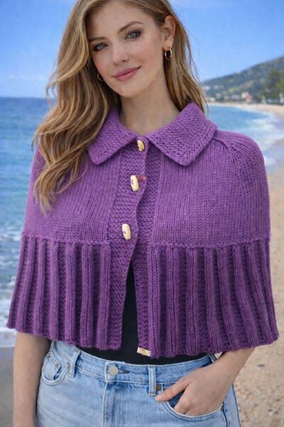 Gönülden Tasarım Hand Knitted Shepherd's Buttoned Women's Knitwear Poncho