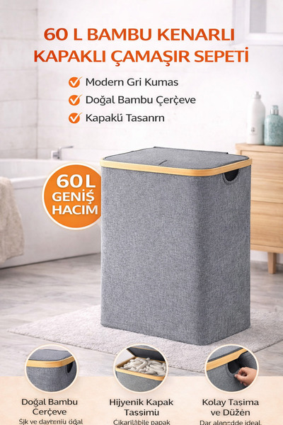welcomein 60 L Bambu Kenarlı Kapaklı Çamaşır Sepeti – Gri Kumaş, Modern Kirli...