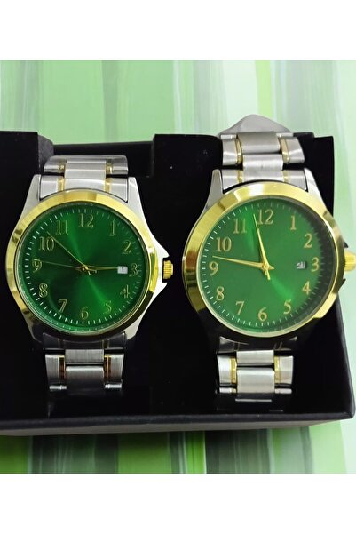 Gerçek Hediyelik Eşli Sevgili Çift Kol Saati - Yeşil Kadran, Gümüş-Altın Renk...