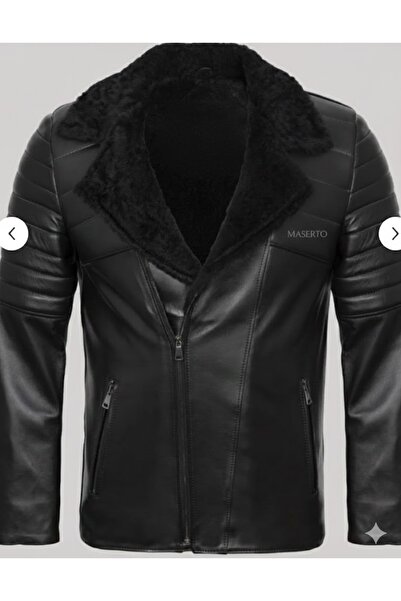 MASERTO Black Winter Leather Jacket with Fur Inside