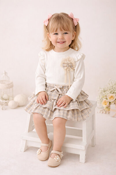 KTS Kız Çocuk Etekli Takım Ekru Uzun Kollu Bluz Ekose Etek