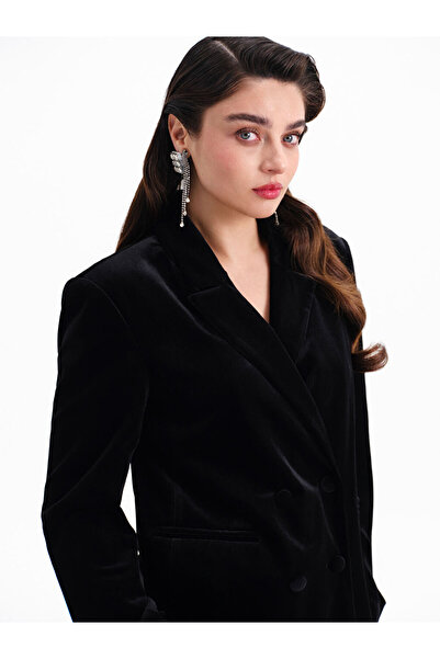 LC Waikiki Lcw Modest Black Double-Breasted Collar Women's Velvet Blazer Jacket