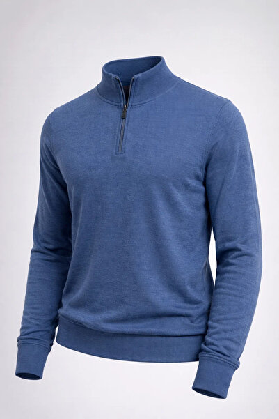 COMBİNE MİCHAİL Men's Half Zip Blue Knit Sweater