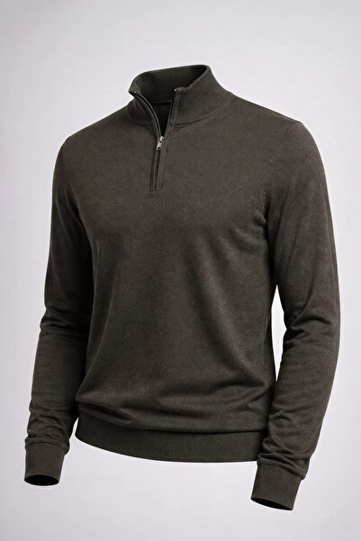 COMBİNE MİCHAİL Ανδρικό πλεκτό πουλόβερ χακί με μισό φερμουάρ