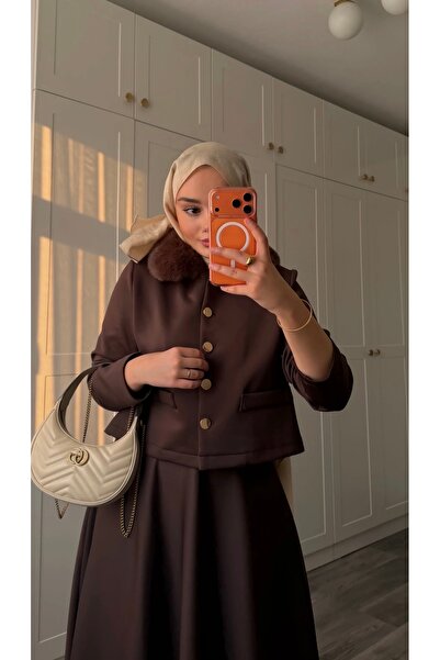 Nuesscollection Kürk Yakalı Scuba Etek Takım (etek beli fermuarlı ve bi tık dar)