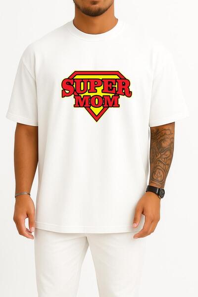 Bahriyeli Collection قصة فضفاضة سوبر مام - تي شيرت سوبر مام ستور مطبوع للجنسين