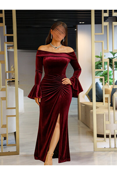 LITSHE Burgundy velvet dress with elegant pleats