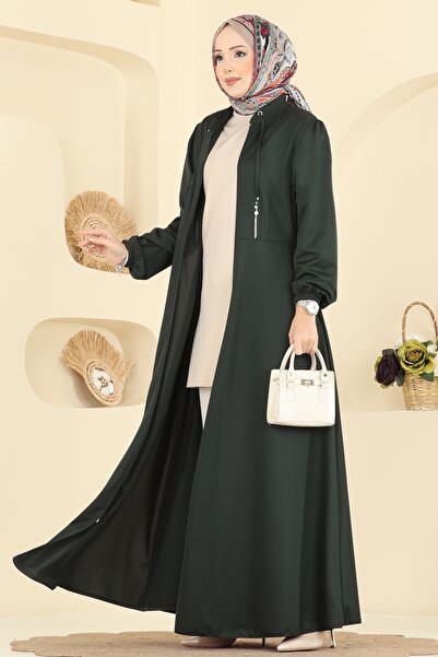 ModaMerve Yakası Bağcıklı Tesettür Ferace 2483SL432-MS Zümrüt