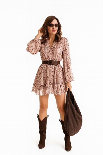 ibeeka Mixed Pattern Belted Dress with Skirt Detail