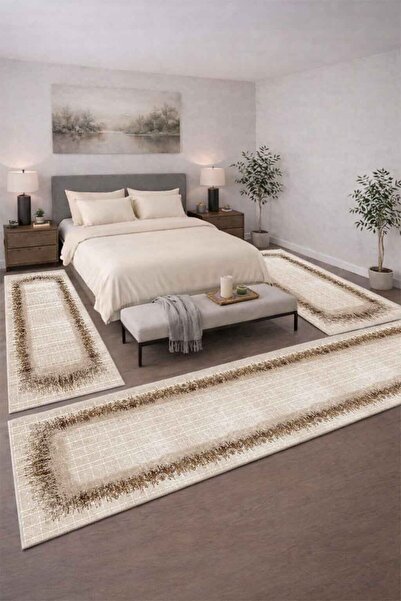 Qatalina SAÇAKLI Modern Tasarımlı 3lü Yatak Odası Halı Takımı Kaymaz Taban Ot...