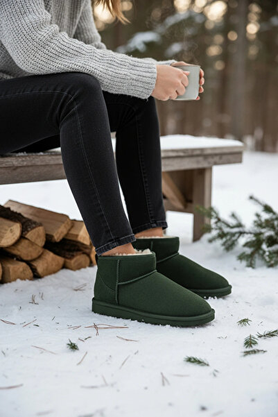 Sivarro Ultra Mini Classic Suede Women's Boots with Fur Inside - Khaki