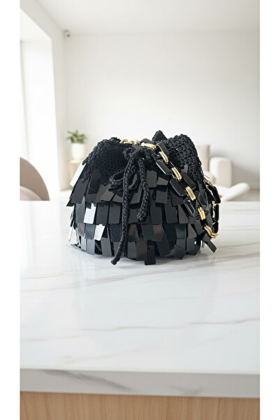 TRENDY El yapımı payetli Büzgülü gold detay saplı siyah abiye gece çantası