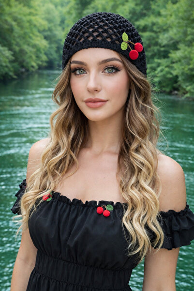 HAPPY HANDMADE Cherry Crochet Hat/Black Hat/Black Beanie/Mesh Hat/Beach Hat/Gift