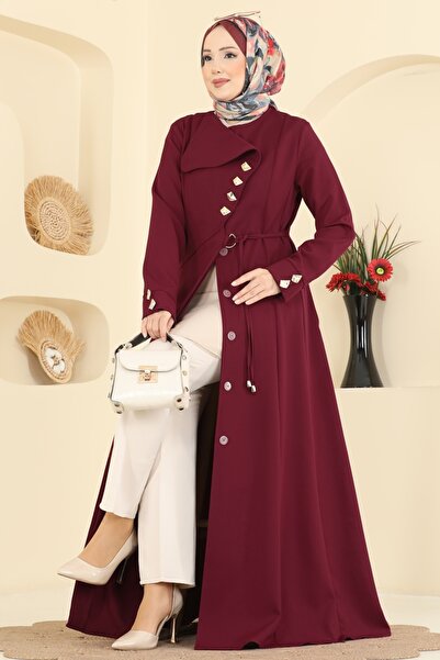 ModaMerve Gold Düğmeli Dabıl Ferace 2791SL432-MS Bordo