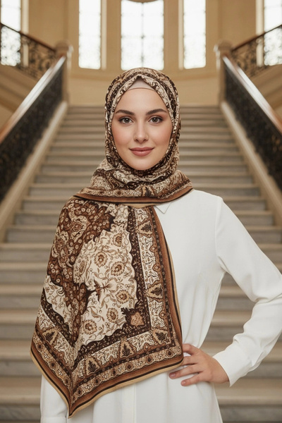 Noorella Scarf أردينا - شال بنقوش زهرية وهندسية باللون البيج - شال ذو ملمس نا...