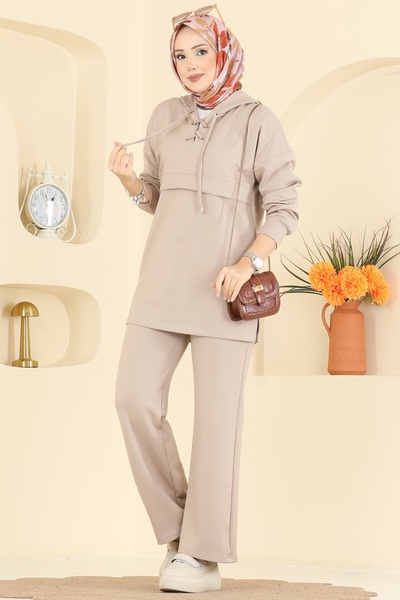 ModaMerve Yaka Bağcıklı Modal Takım 2749AYD574-MS Taş