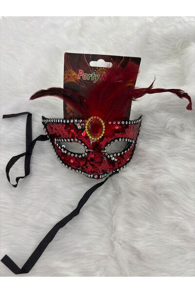 PARTİPORT قناع أحمر مزين بالترتر والريش
