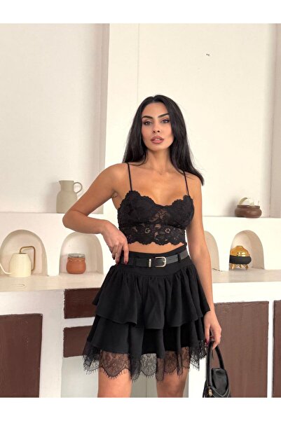 LİSAA BUTİK Women's Lace-Detail Belted Mini Skirt