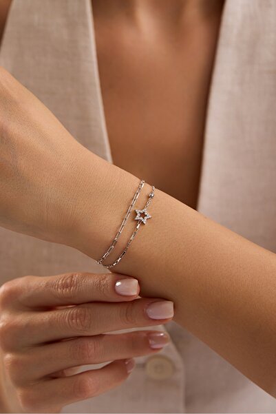 Nereze 925 Ayar Gümüş Rodyum Kaplama Çift Zincirli Yıldız Model Bileklik