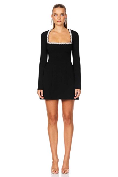 MODAS TAŞ DETAYLI MİNİ KREP ELBİSE