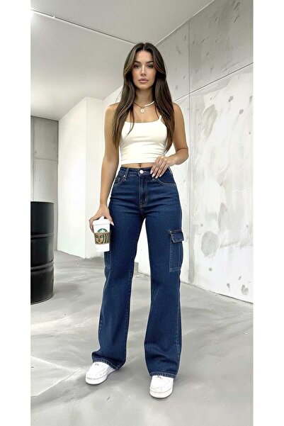 Trn JNS Hits Stretch Fabric Women's Dark Cargo Wash Super High Waist Loose Le...