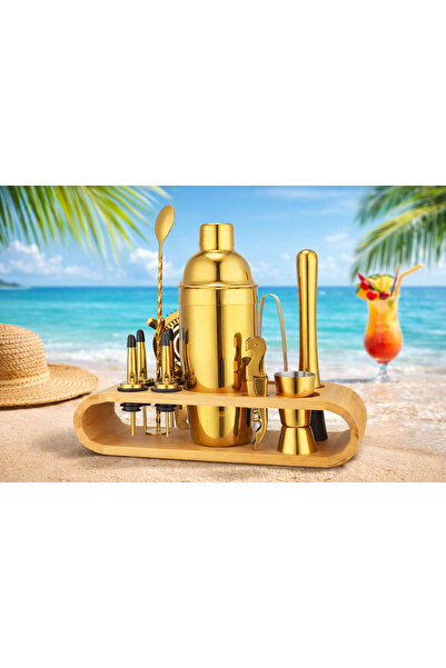 LUZZ SECRET'S GOLD SPECIAL KOKTEYL PREMIUM SET. PASLANMAZ ÇELİK & BAMBU STAND...