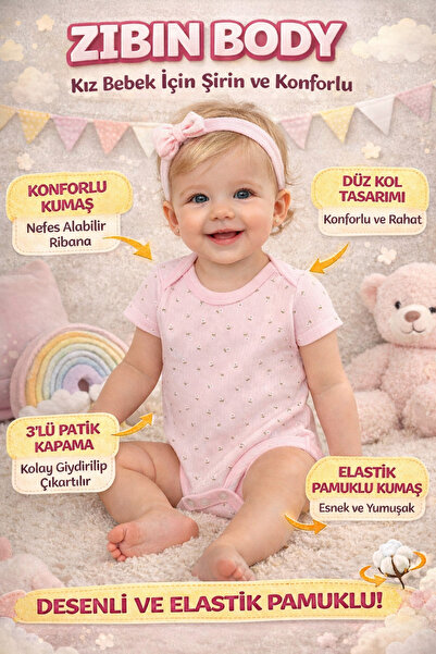 Nayinom Kız Bebek kısa kollu çiçek desenli pamuklu çıtçıtlı bady