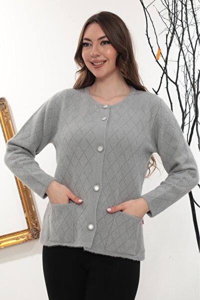 GÖMLEK GALERİSİ Women's Angora Argyle Patterned Crew Neck Cardigan Standard F...