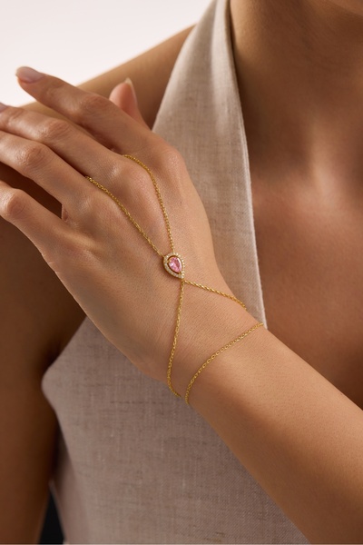 Nereze 925 Ayar Gümüş Gold Kaplama Pembe Damla Taşlı Şahmeran Bileklik