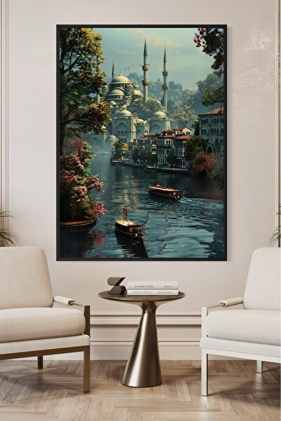 ARTAN GALLERY İtalyan Kadife İstanbul Boğazı Tablosu | Cami & Vapur Manzarası...