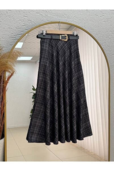 MİHRA STORE Sevgi Belted Plaid Skirt-Fa1039 Black