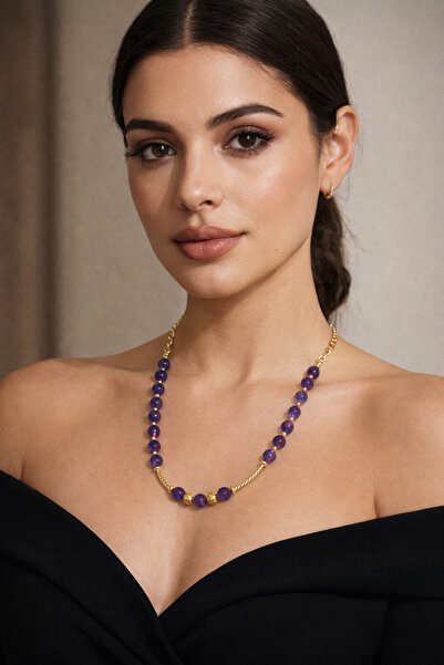 Solare Accessories Ametist & Lav Taşı Altın Kaplama Detaylı Doğal Taş Kolye