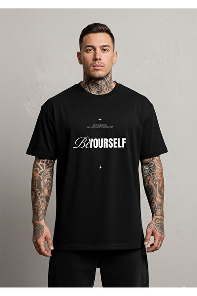 LORVEX Be Yourself Τυπωμένο Oversize Unisex Βαμβακερό T-shirt - Μπλουζάκι
