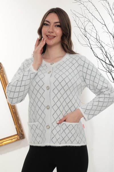 GÖMLEK GALERİSİ Women's Angora Argyle Patterned Crew Neck Cardigan Standard F...