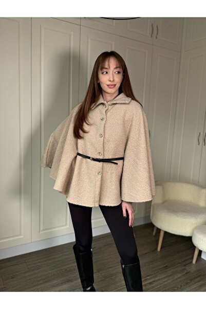 Dilay Gökoğlu Butik Kemeri Dahil Sıcak Tutan Şık Buklet Panço