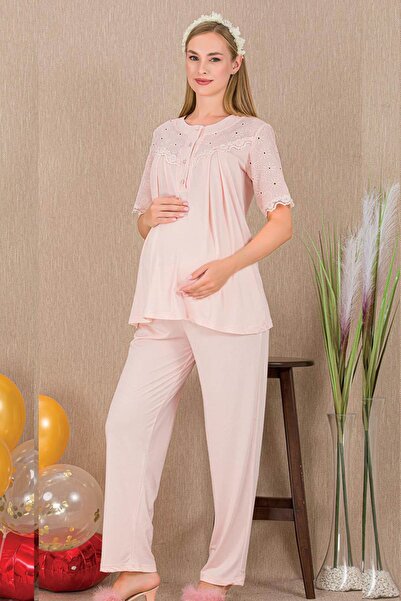 REN Дамски комплект пижама с къси ръкави за бременни и след раждане, с копчет...