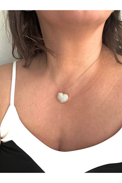 ALS Tasarım Dünyası Gold Color Steel Zircon Stone Heart Necklace