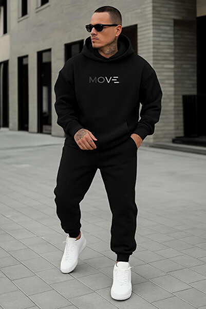 Rivox Men's Black Hooded Oversized Sweatshirt Move Printed