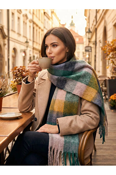 sky Cashmere Soft Touch Wool Scarf with Plaid Pattern