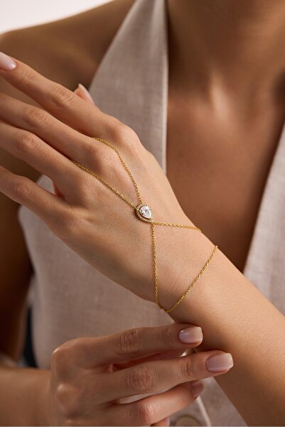 Nereze 925 Ayar Gümüş Gold Kaplama Beyaz Damla Taşlı Şahmeran Bileklik