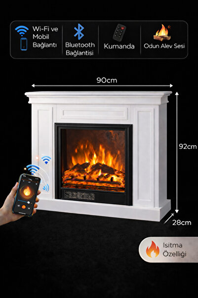 Sarman Şömine Bluetooth Elektrikli Kabinli Şömine Dekoratif Alev Sesli Kumandalı