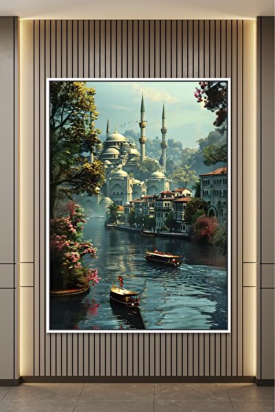 ARTAN GALLERY İtalyan Kadife İstanbul Boğazı Tablosu | Cami & Vapur Manzarası...
