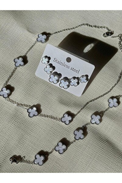 D&Z ACCESSORİES 3'lü Yonca Takı Seti | Kolye & Bileklik ve Küpe Seti | Beyaz ...