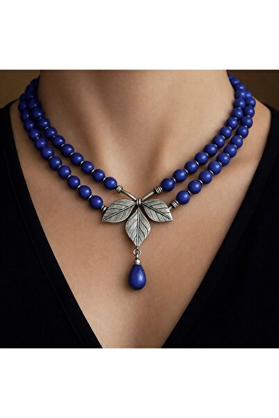 splashtakı Doğal Lapis Lazuli Taşlı Gümüş Yaprak Kolye | Damla Uç Detaylı | 4...